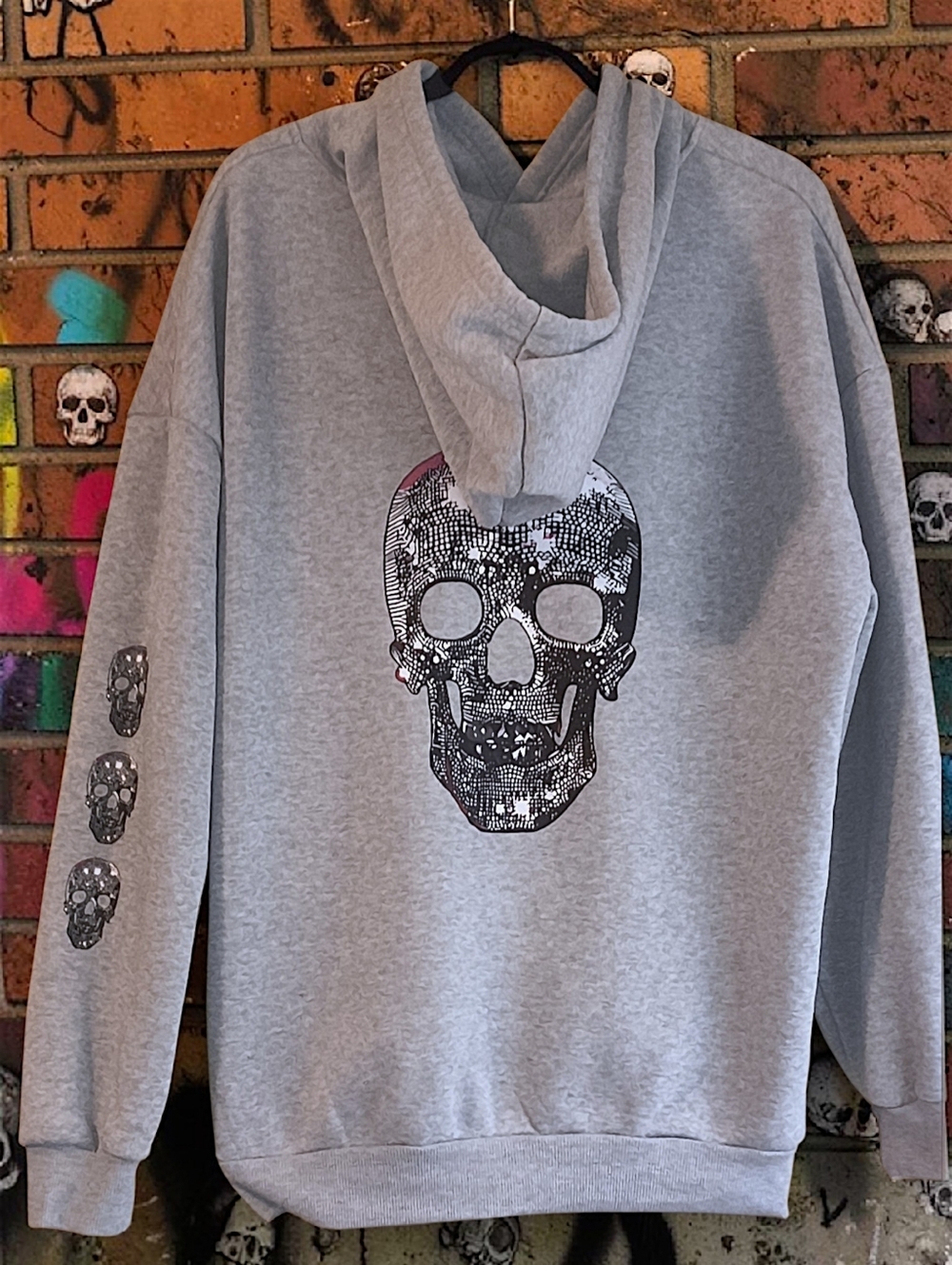 Women's Skull Pattern Printed Casual Fleece-Lined Pullover Hoodie in Gray Sz XXL